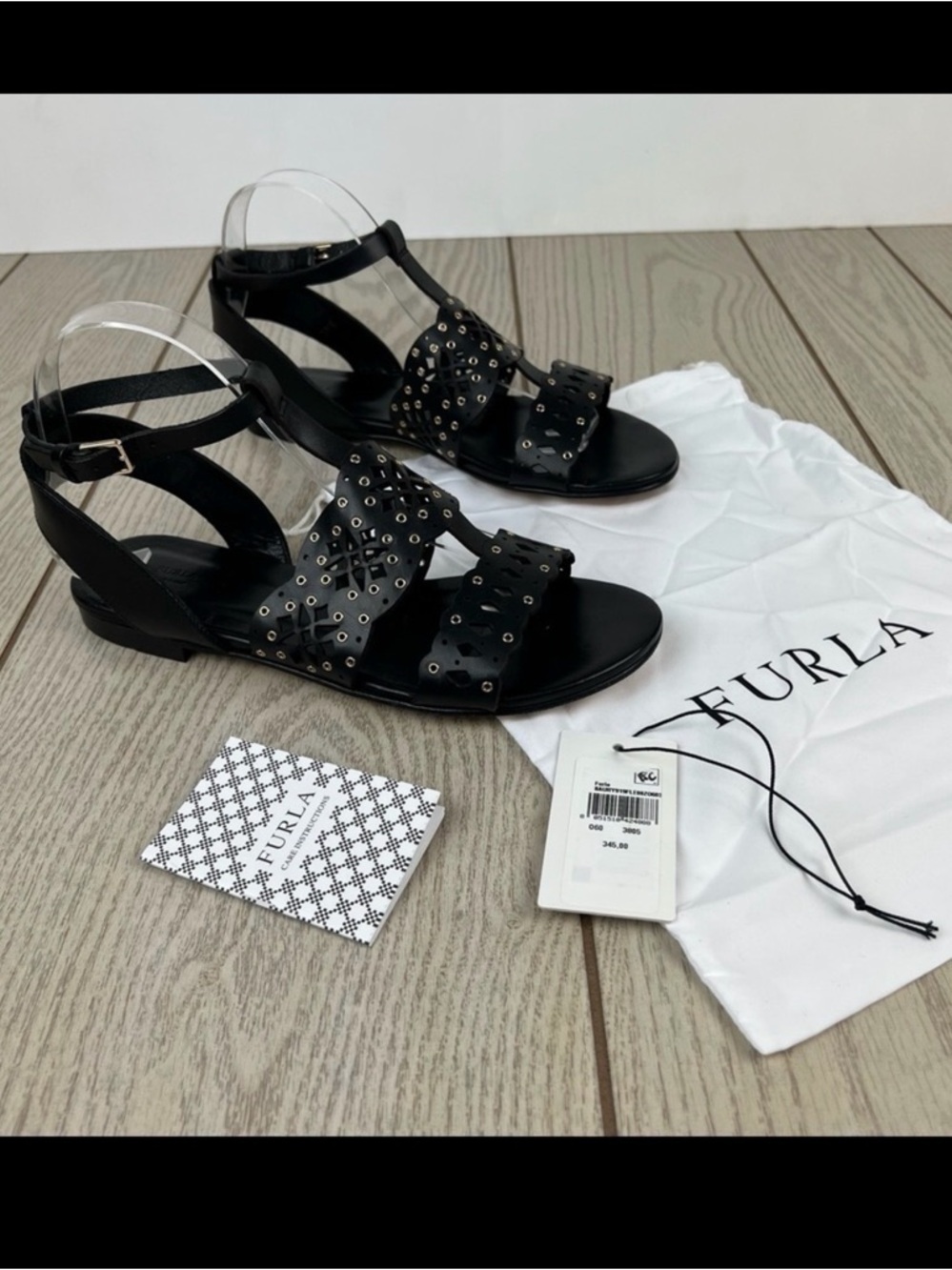 Furla Aurora Laser Cut Lace Pattern Leather Sandals EUR38.5 Onyx Black $345